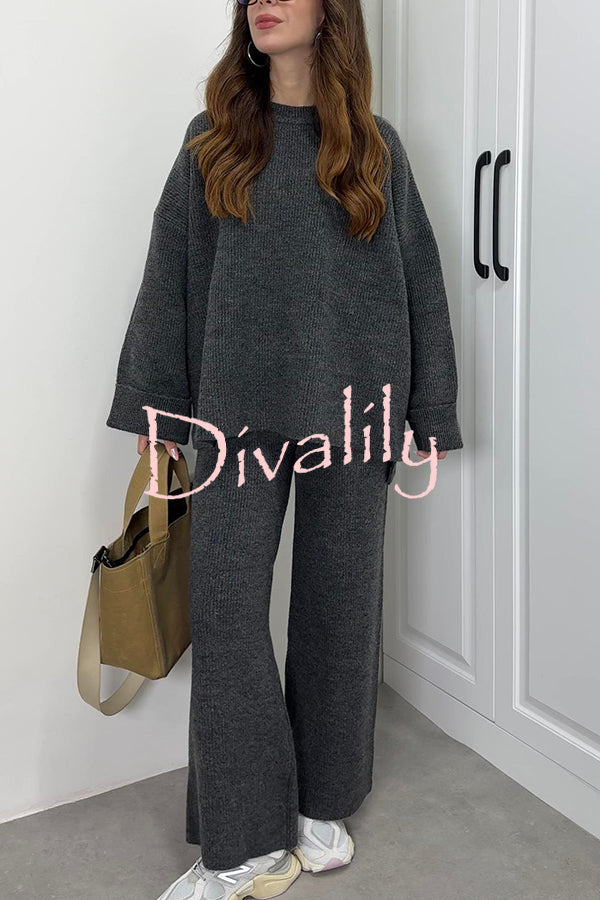 Solid Color Loose Long-sleeved Knit Top and Elastic Waist Casual Straight Leg Pants Set