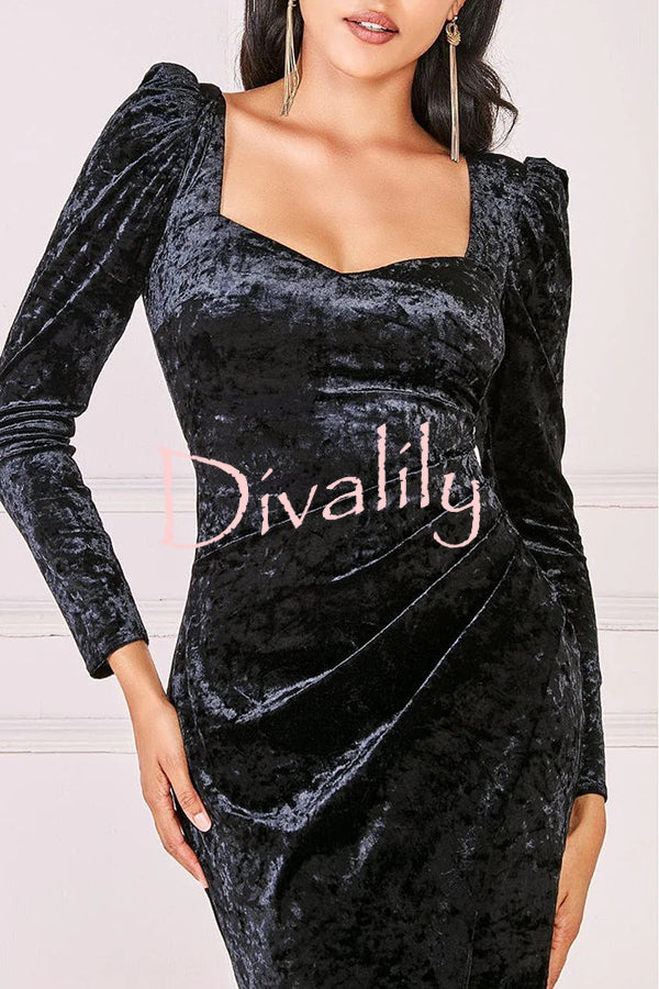 Solid Color Velvet Long-sleeved Slim-fit Slit Midi Dress