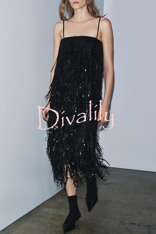 Chic Celebration Layered Sequined Tassels Slip Strapless H-line Midi Dress