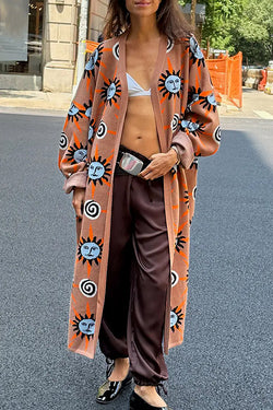 Mediterranean Art Knit Unique Sun Vortex Print Bell Sleeve Long Cardigan