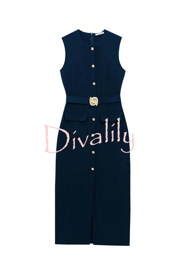 Danina Button Up Sleeveless Metal Belted Pocket Stretch Midi Dress