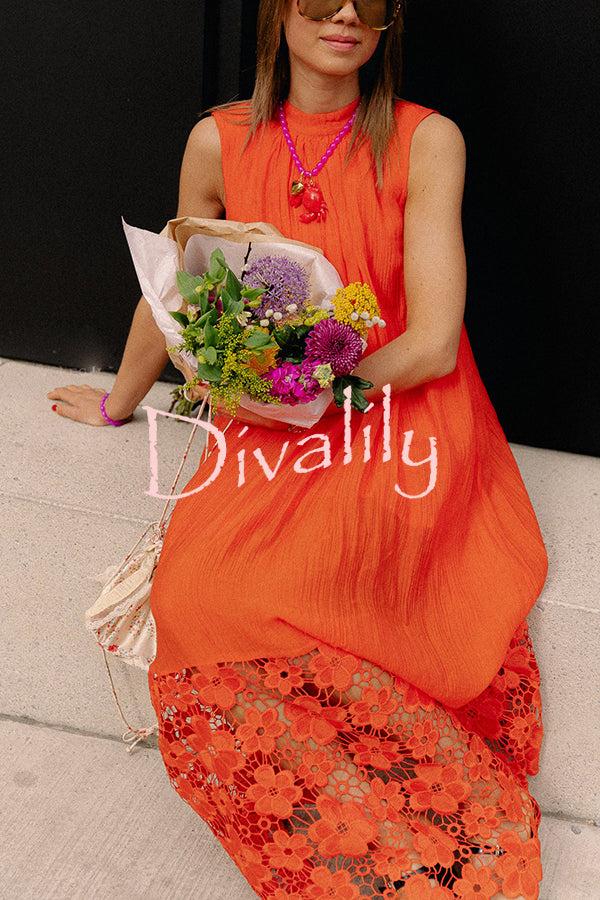 Breezy Comfort Tie-up Neck Sleeveless Floral Lace Hem Maxi Dress