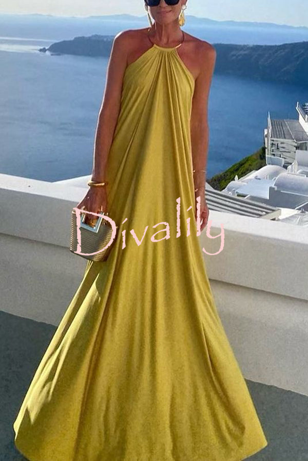 Solid Color Resort Style Halter Neck Open Back Large Hem Maxi Dress