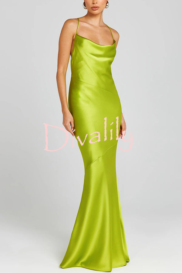 Nicoletta Satin Cowl Neck Backless Lace-up Maxi Dress