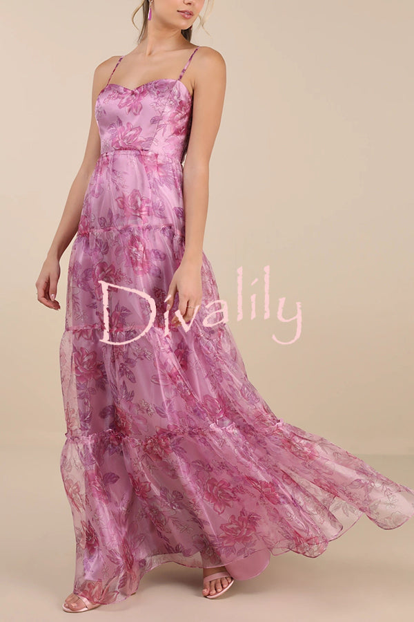 Exclusive Glamour Organza Floral Print Tiered Slip Maxi Dress