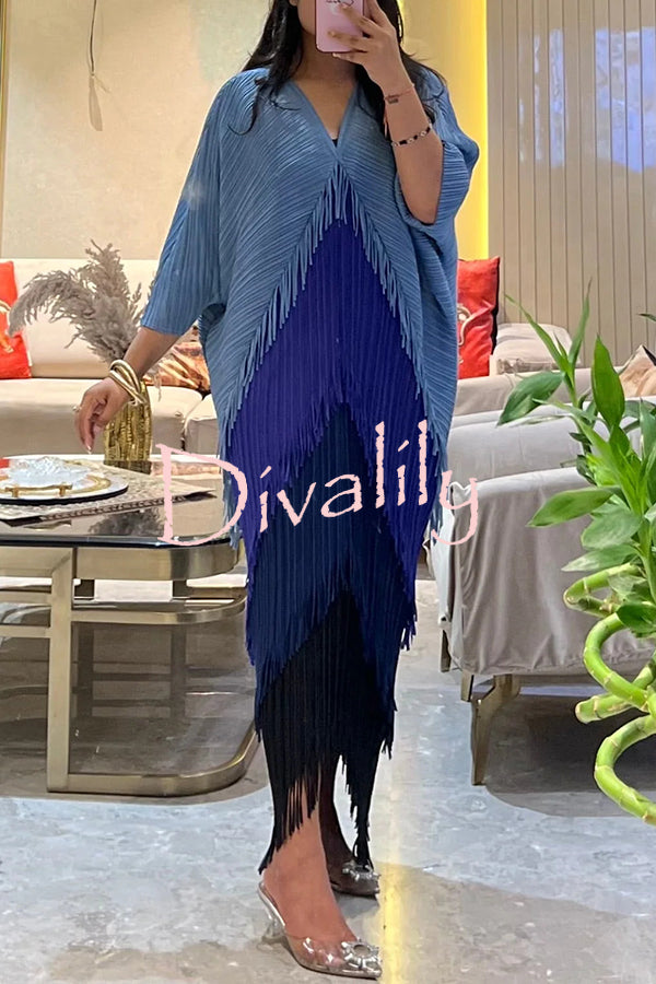 Fashionable Color-blocked Multi-layered Tassel Loose Midi Dress