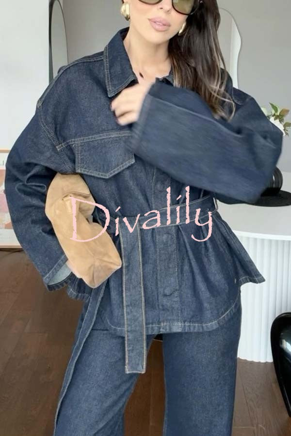 Fashion Workwear Style Denim Button Up Long Sleeve Pocket Lapel Jacket