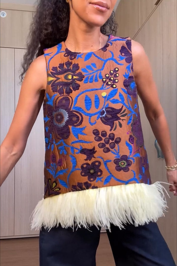 Emina Floral Feather Trim Trapezoidal Silhouette Asymmetrical Hem Top