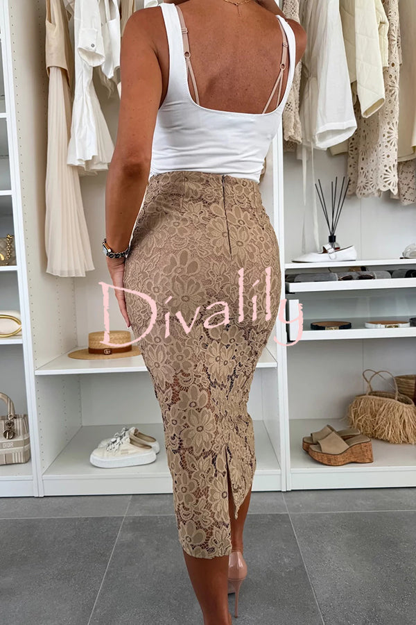 Lesia Floral Lace High Rise Slit Stretch Midi Skirt