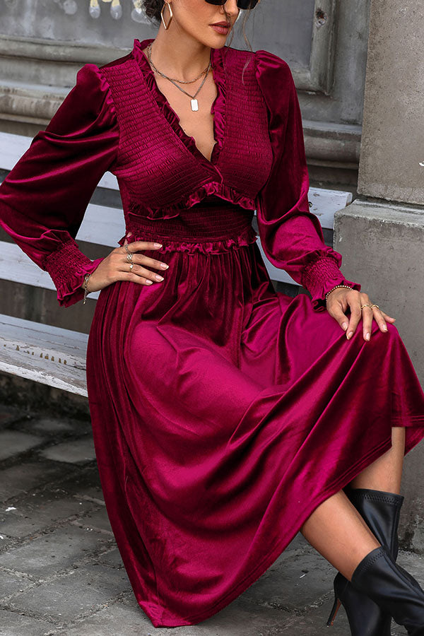 Solid Color Velvet Pleated Ruffled V-neck Long Sleeve Elegant Midi Dress