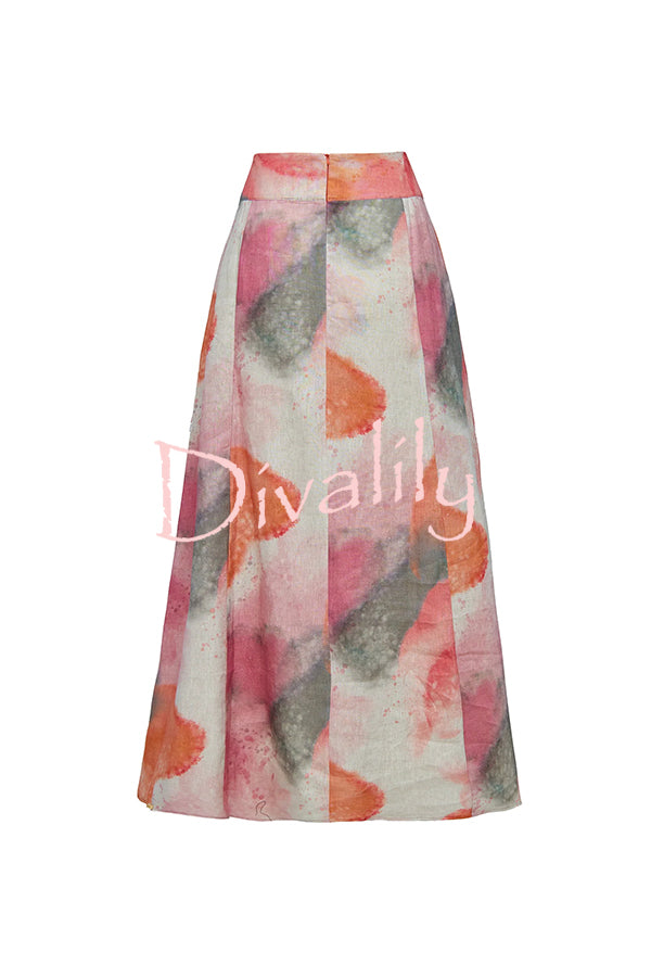 Laylin Wide Sleeve Shirt and Watercolor Print High Waist Drape Pocket Maxi Skirt Set