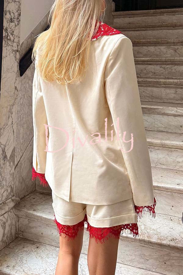 Love Letter Contrast Lace Detail Long Sleeve Wave Lapel Loose Blazer