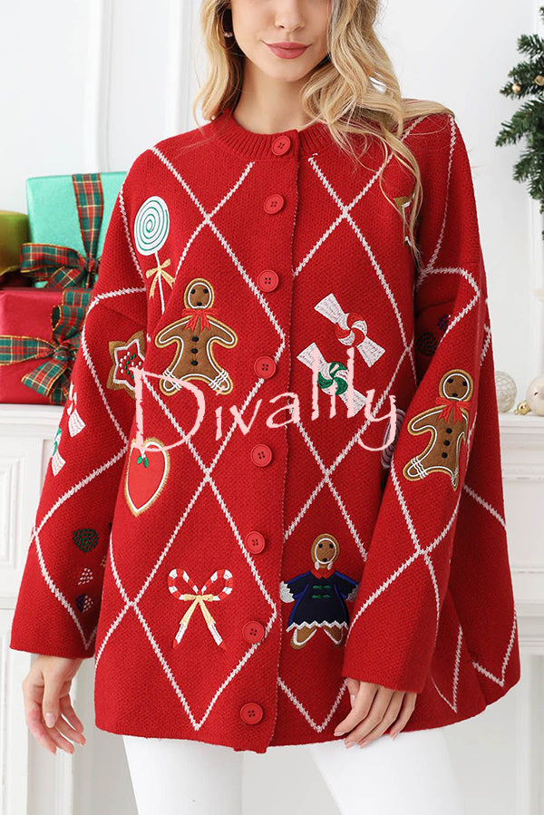 Argyle Candy Gingerbread Man Embroidered Button-knit Cardigan