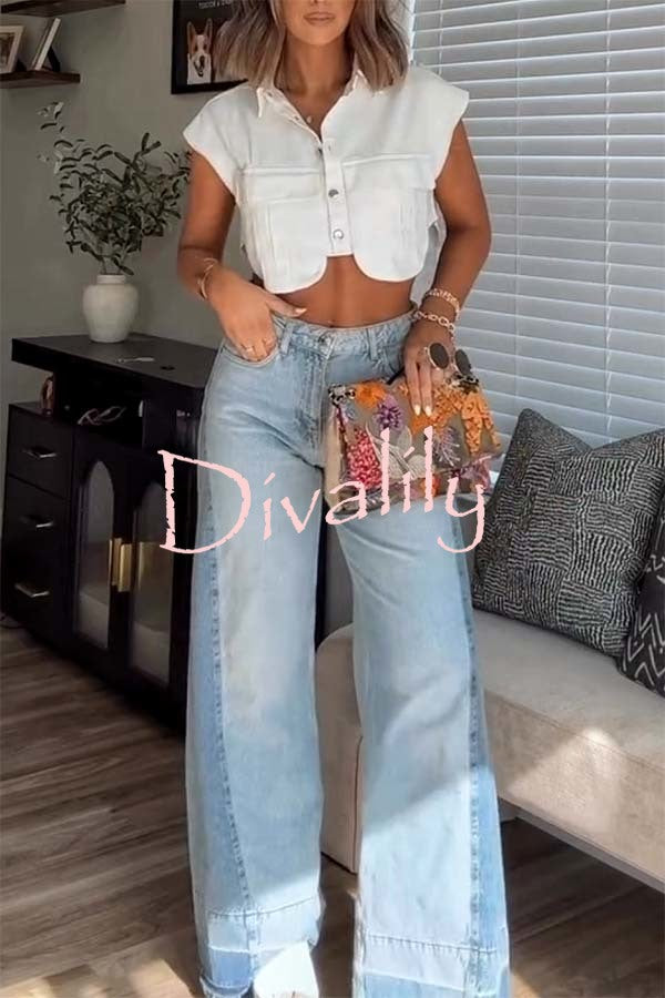 Ellison Denim Side Colorblock High Rise Pocket Wide Leg Jeans