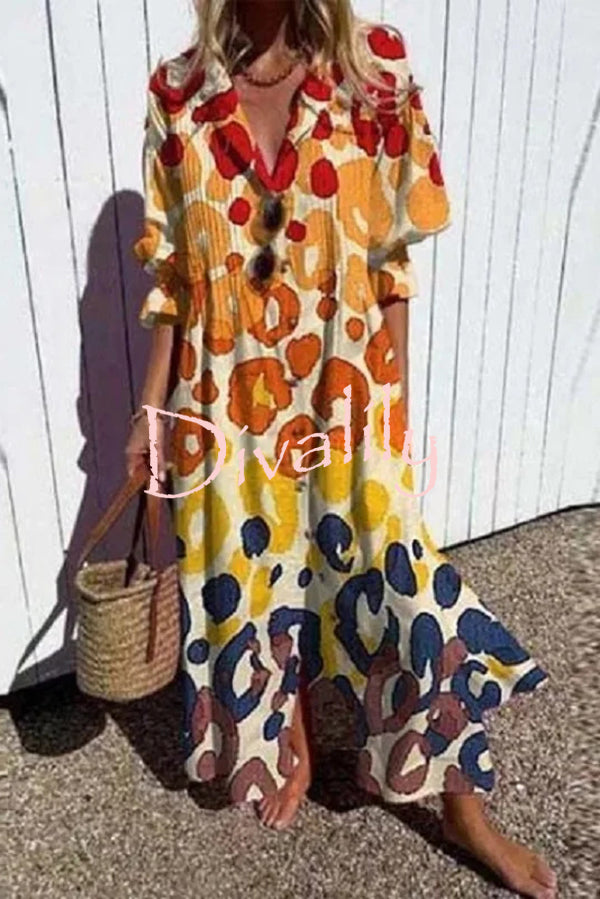 Unique Print Gathered Loose Casual Midi Dress