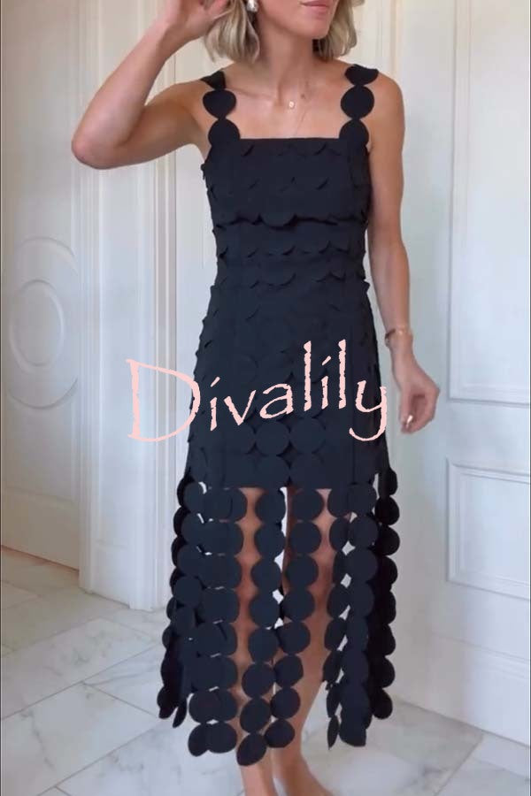Best Dance Laser Cut Circle Embroidery Square Neck Tassle Trim Midi Dress