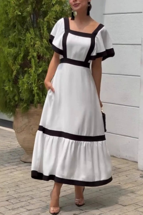 Fashionable Contrast Color Stitching Square Neck Ruffle Sleeves Maxi Dress