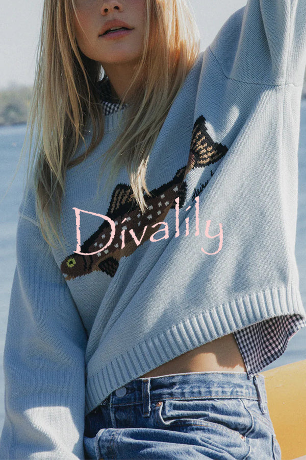 Fashionable Fish Pattern Round Neck Loose Knitted Sweater