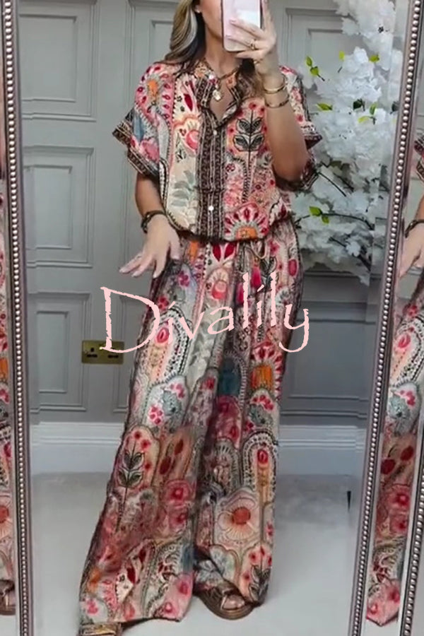 Unique Printed Loose Short-sleeved Top and Elastic Waist Casual Wide-leg Pants Set