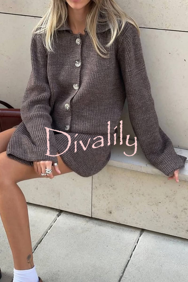 Fashion Lapel Bell Sleeve Knitted Cardigan and Casual Mini Skirt Set