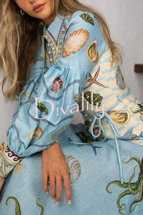 Ocean Print Lapel Button Waist Tie Resort Maxi Dress