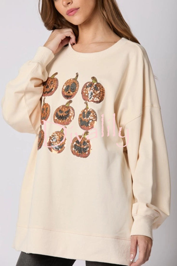 Halloween Pumpkin Sequin Loose Casual Sweatshirt