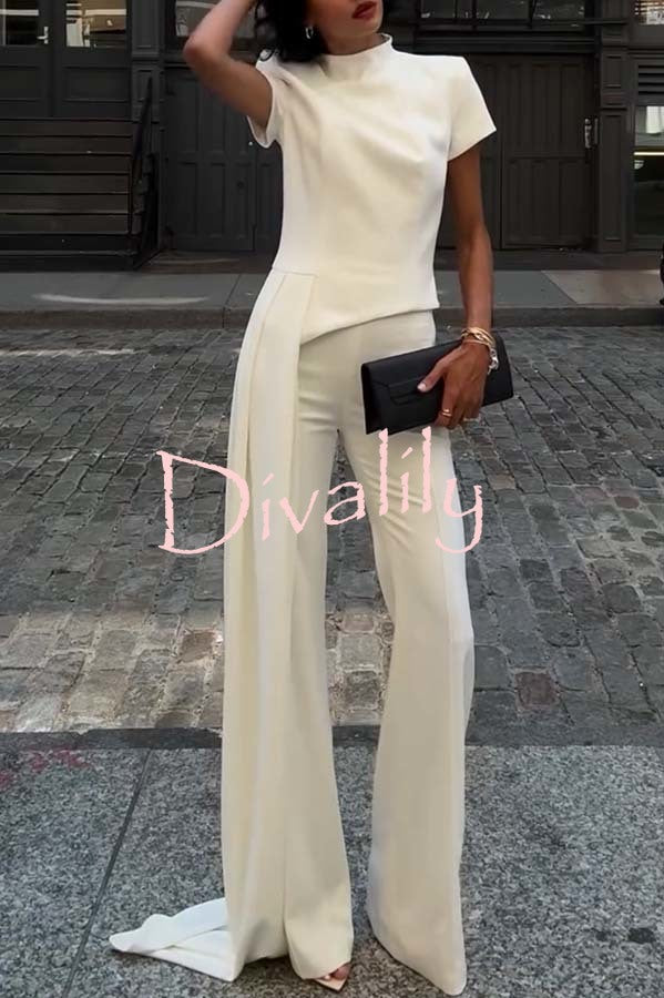 Pippa High Neck Short Sleeve Irregular Drape Hem Top and Elastic Waist Flare Pants Set