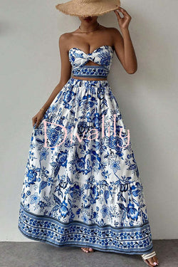 Floral Print Cutout Bandeau Top and Elastic Waist Full Maxi Skirt Set