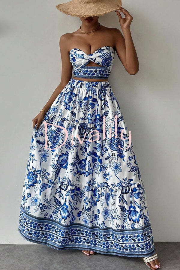 Floral Print Cutout Bandeau Top and Elastic Waist Full Maxi Skirt Set