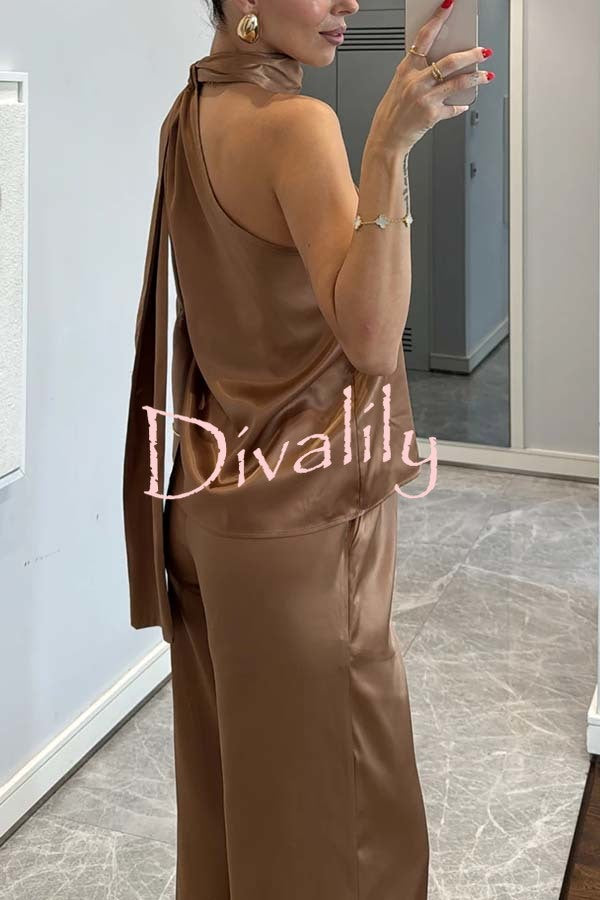 Kelson Satin Drape Neck One Shoulder Top and Elastic Waist Pocket Loose Pants Set