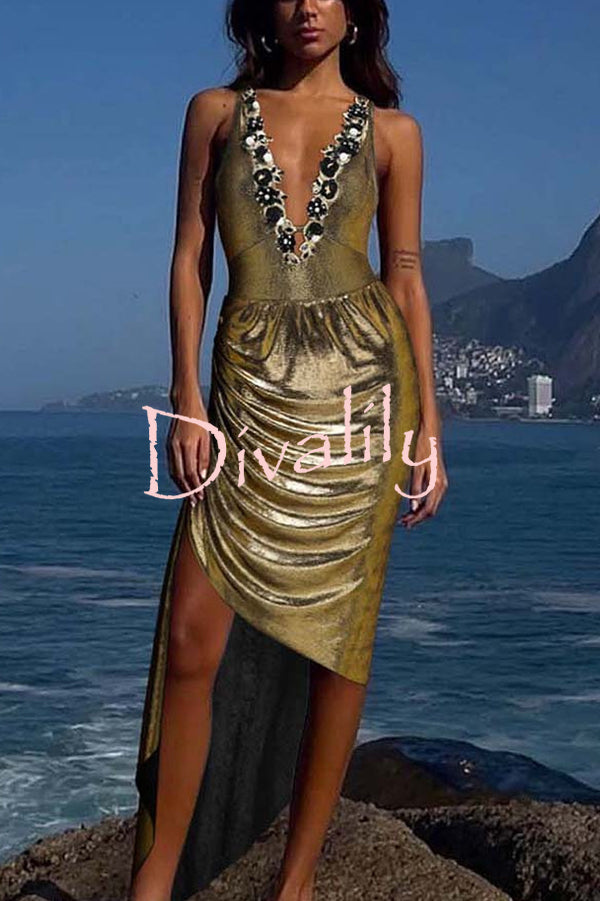 Solid Color Shiny Fabric Deep V Metal Embellished Stretch One-piece Swimsuit