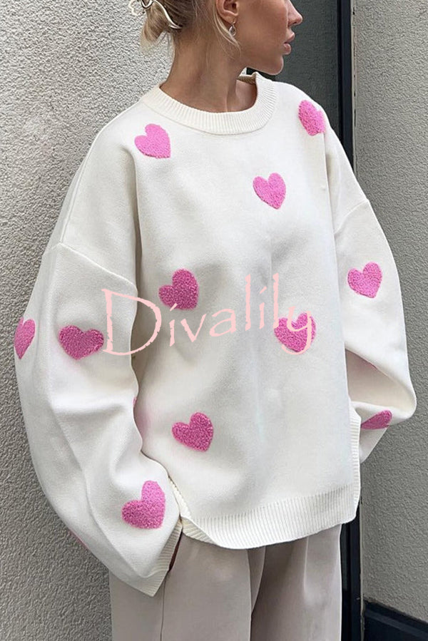 Fashionable Embroidered Love Loose Round Neck Long Sleeve Knitted Sweater