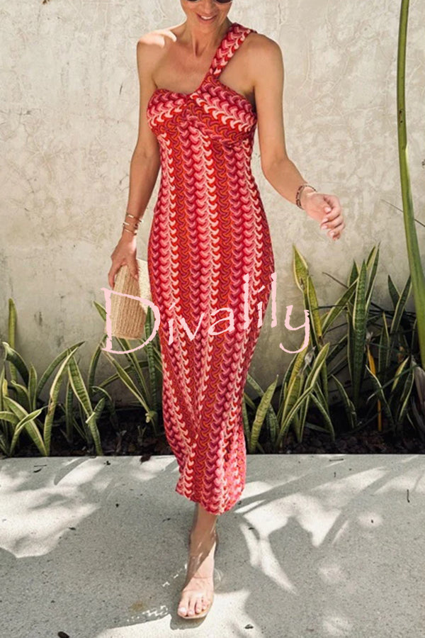 Colorful Zigzag Pattern Lace One-shoulder Slim Vacation Midi Dress