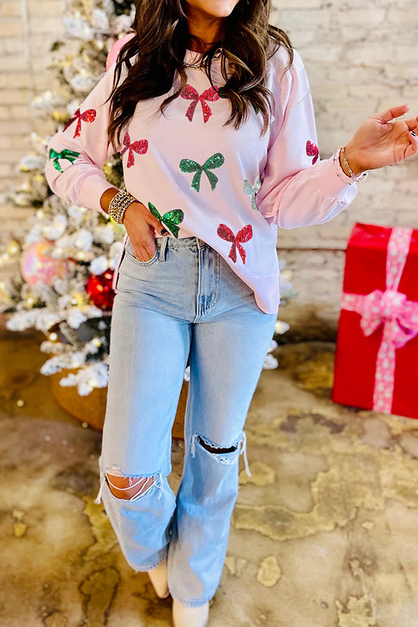Christmas Sequined Bow Crew Neck Long-sleeved Loose Sweatshirt