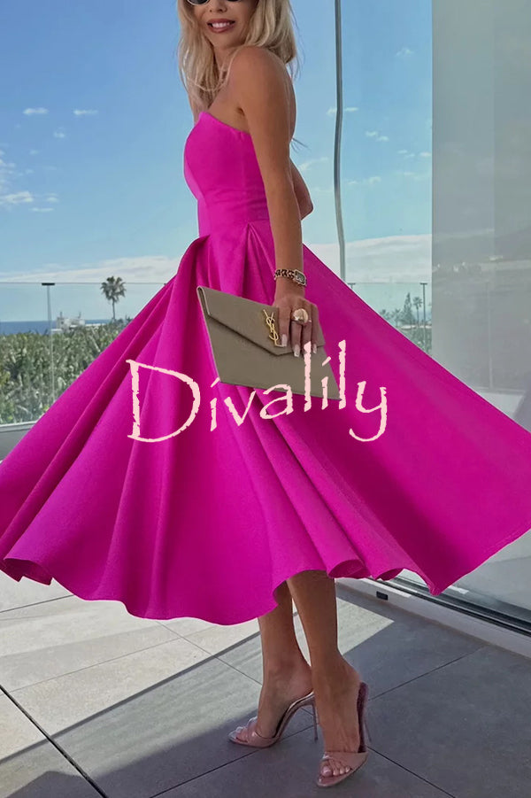 Sweet Cascade Solid Color Off Shoulder Pocket Full Hem Midi Dress