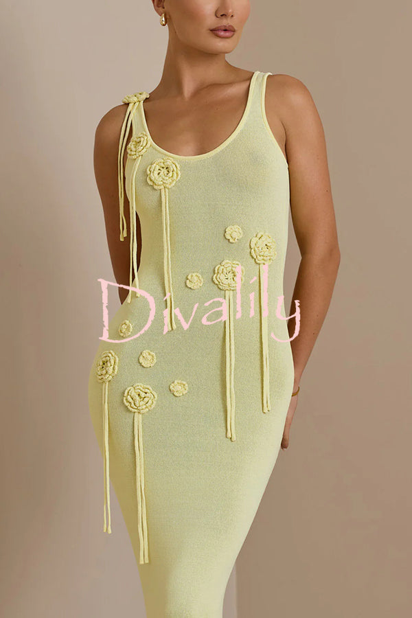 Charming Solid Color Knitted Floral Sexy Open Back Cover-up Maxi Dress