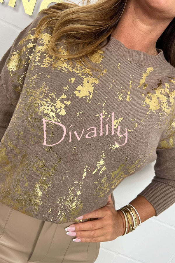 Fashionable Gold Stamping Printed Round Neck Long Sleeve Loose Sweater