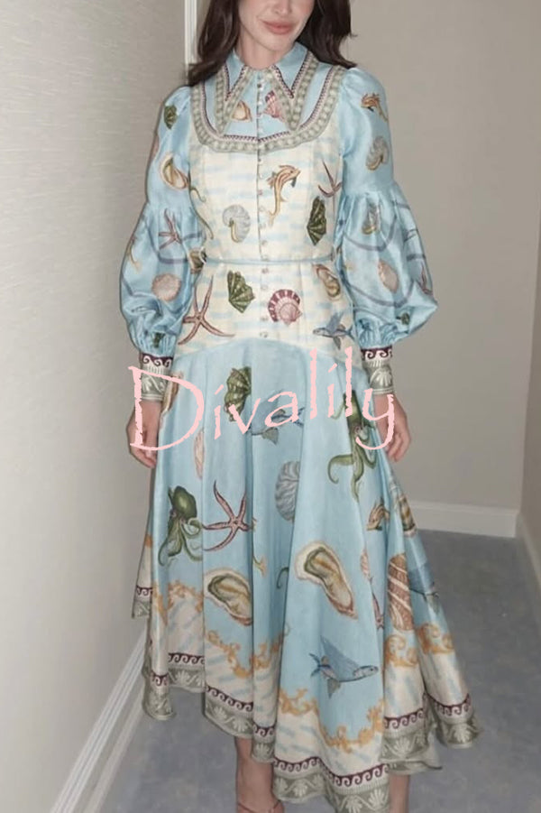 Ocean Print Lapel Button Waist Tie Resort Maxi Dress