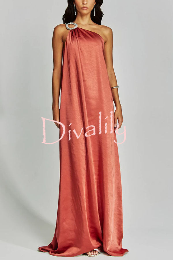 Charming Glance Satin Metal Hardware One Shoulder Loose Maxi Dress
