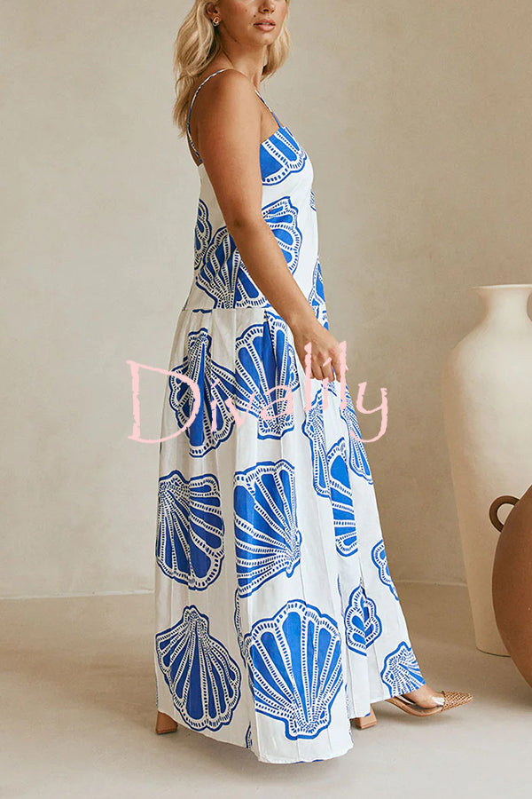 Linen Blend Shell Print Loose Strappy Resort Style Maxi Dress