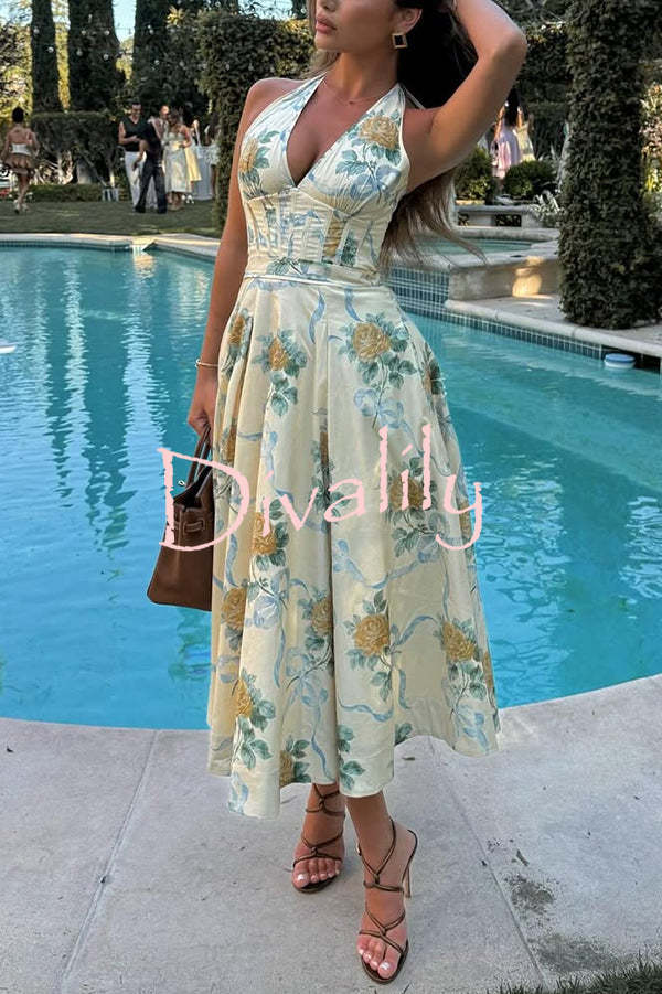 Resort Star Floral Print Waist Halterneck Tie Pocket Midi Dress