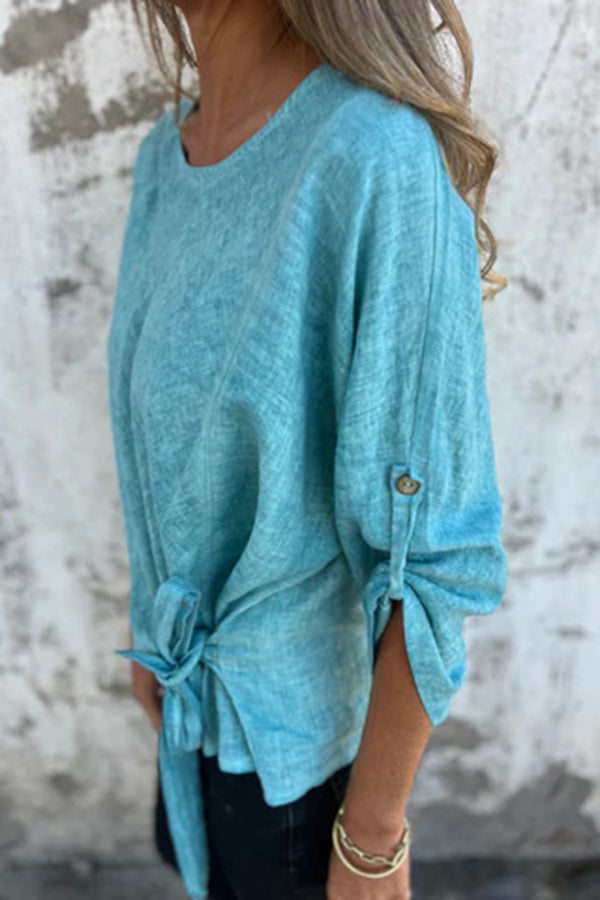 Solid Color Casual Round Neck Loose Knot Top