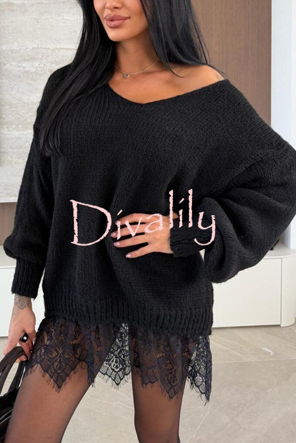 Comfy and Sweet Knit Lace Patchwork Hem Wide Neck Long Sleeve Loose Sweater