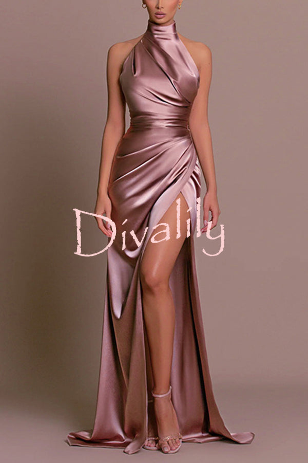 Satin Sexy Halter Neck Sleeveless High Slit Slim Maxi Dress