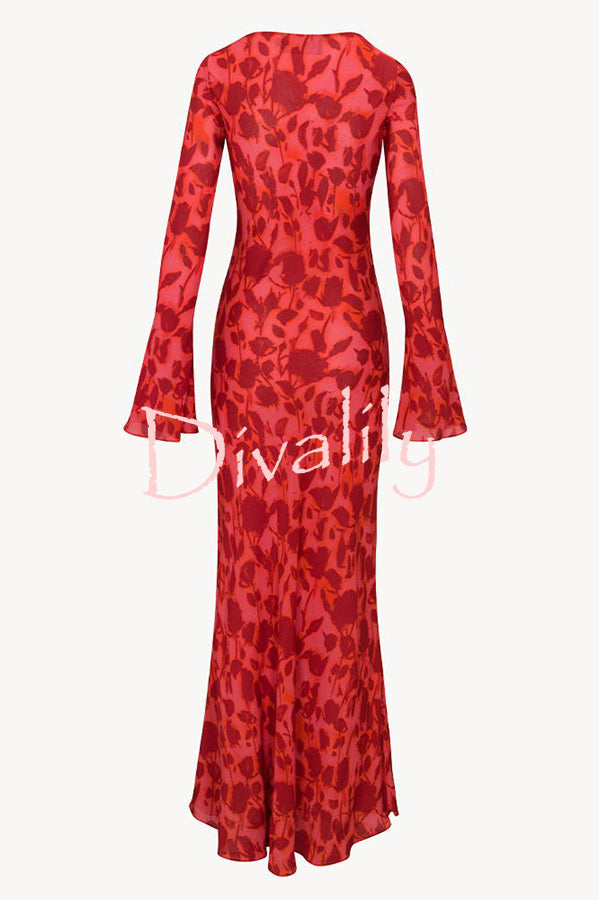 Gia Unique Print Boat Neck Long Bell Sleeve Bias Cut Maxi Dress