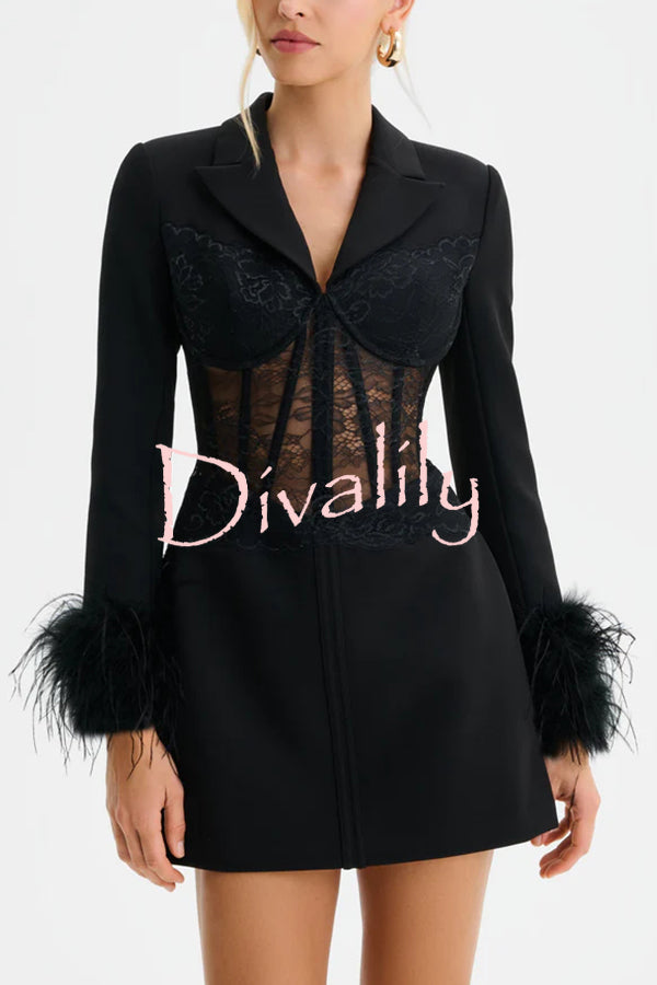 GIA Lace Corset Waist Feather Sleeve Structured Lapel Blazer Mini Dress