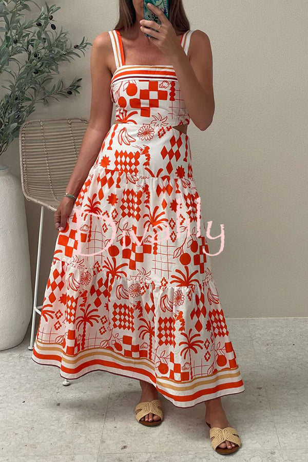 Unique Print Waist Cutout Back Gathered Suspender Maxi Dress