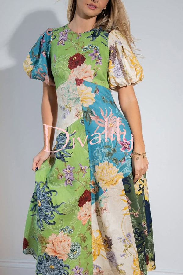 Floral Print Round Neck Puff Sleeve Casual Midi Dress