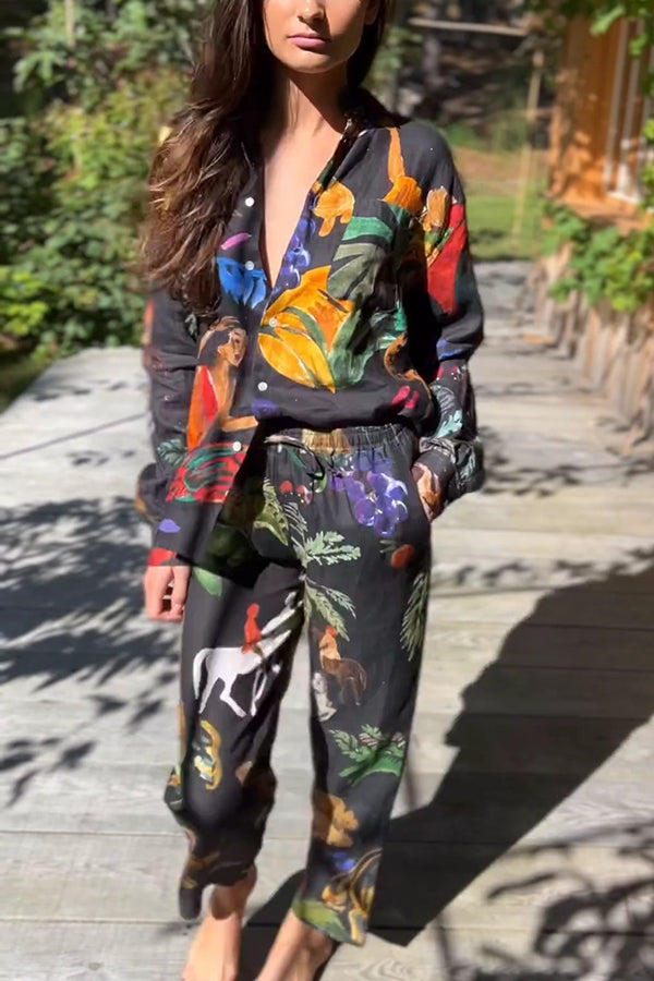 Unique Print Lapel Long Sleeve Loose Shirt and Elastic Waist Pocket Wide Leg Pants Set