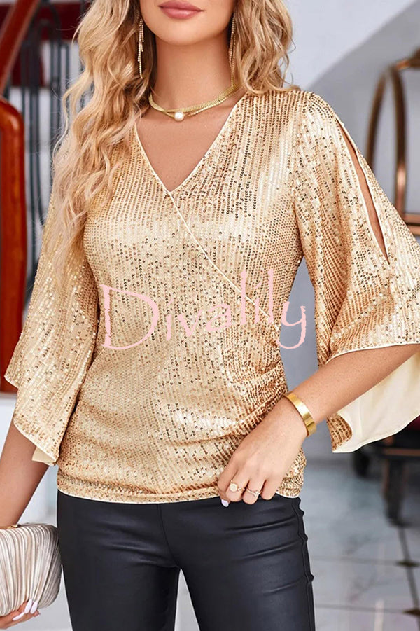 Solid Color Sequined V-neck Hollow Sleeve Slim Fit Top